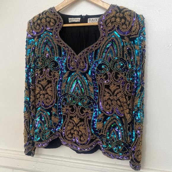 Oleg Cassini Tops - Vintage Oleg Cassini Silk Beaded Sequin Design Geometric Party Gold Blue Shirt